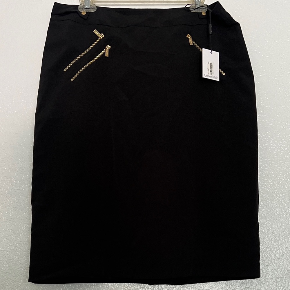 Calvin Klein Black Pencil Skirt with Gold Zipper Accents